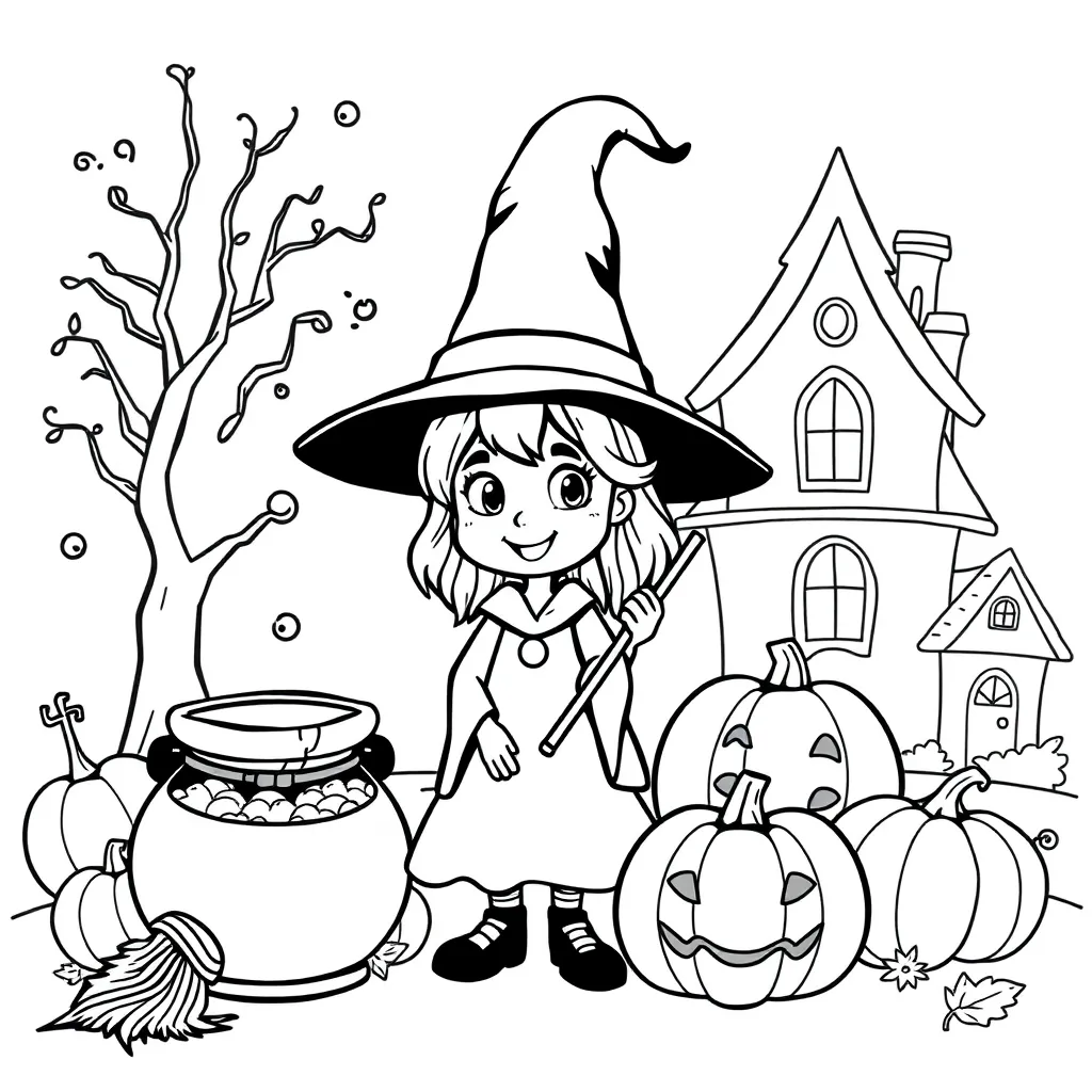 Halloween Heks Bezem Pompoenen Spookhuis coloring page for children
