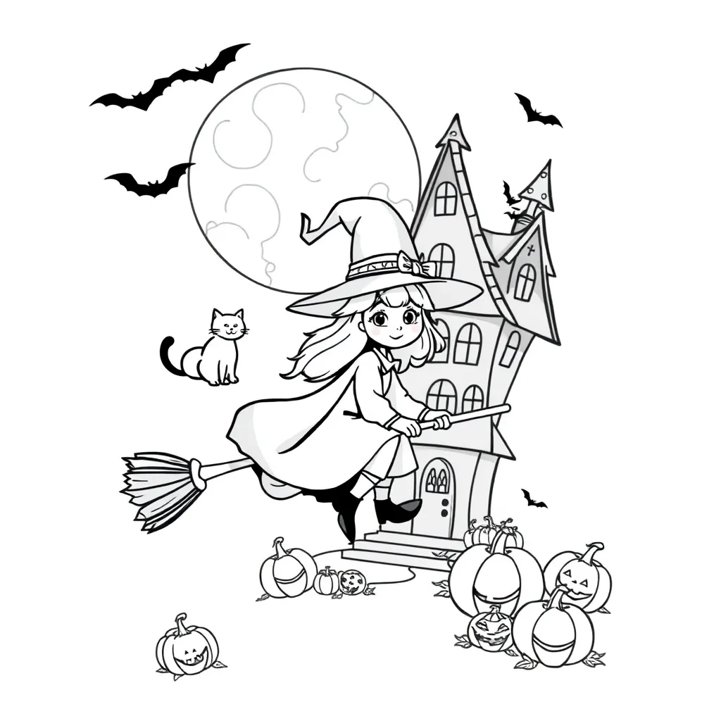 Halloween Heks Kat Spookhuis Pompoenen coloring page for children