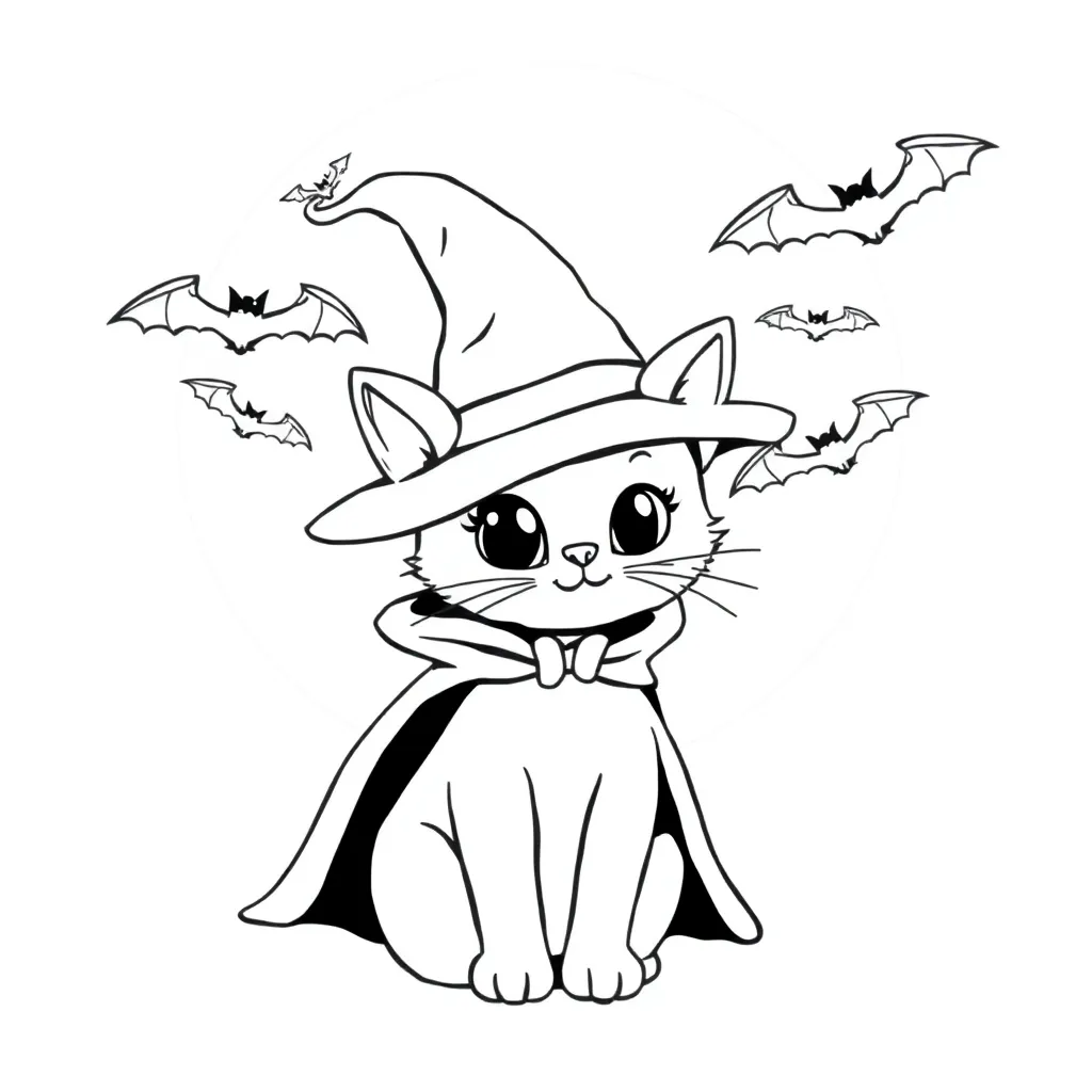 Halloween Kat Heks Vleermuizen Maanverlicht coloring page for children