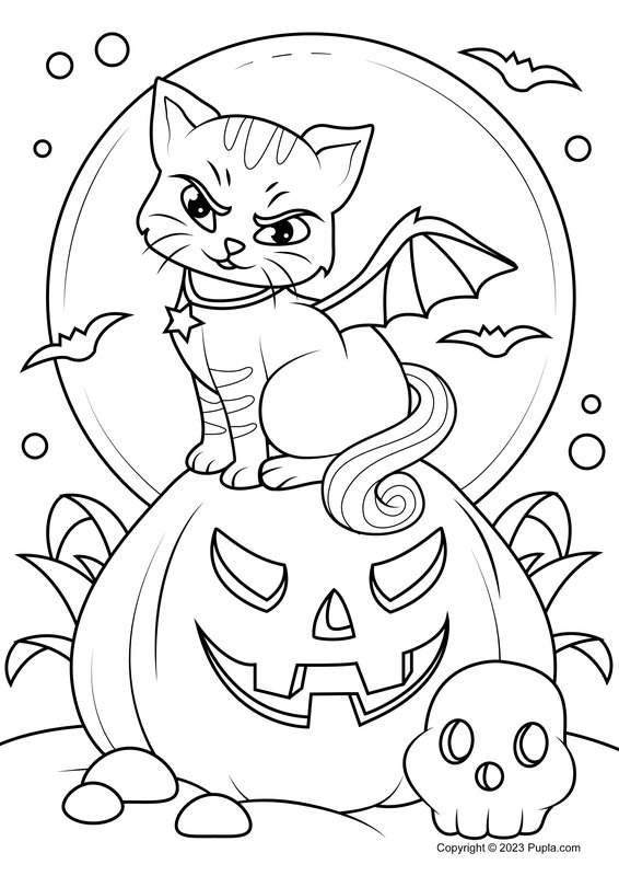 Halloween Katze auf Kürbis sitzend coloring page for children