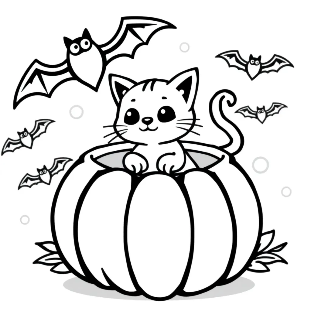 Halloween Pompoen Kat Vleermuizen Cartoonesk coloring page for children