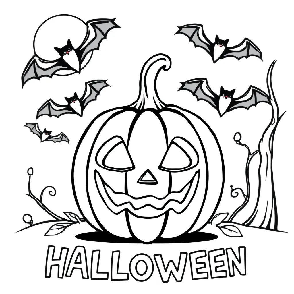 Halloween Pompoen Vleermuizen Vollemaanscene Cartoonstijl coloring page for children