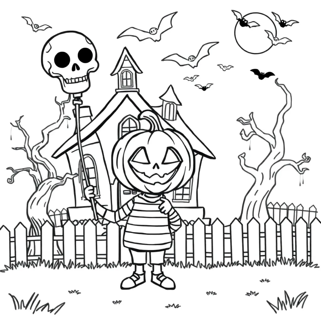 Halloween Pompoenhoofdfiguur Spookhuis Vleermuizen Cartoo... coloring page for children