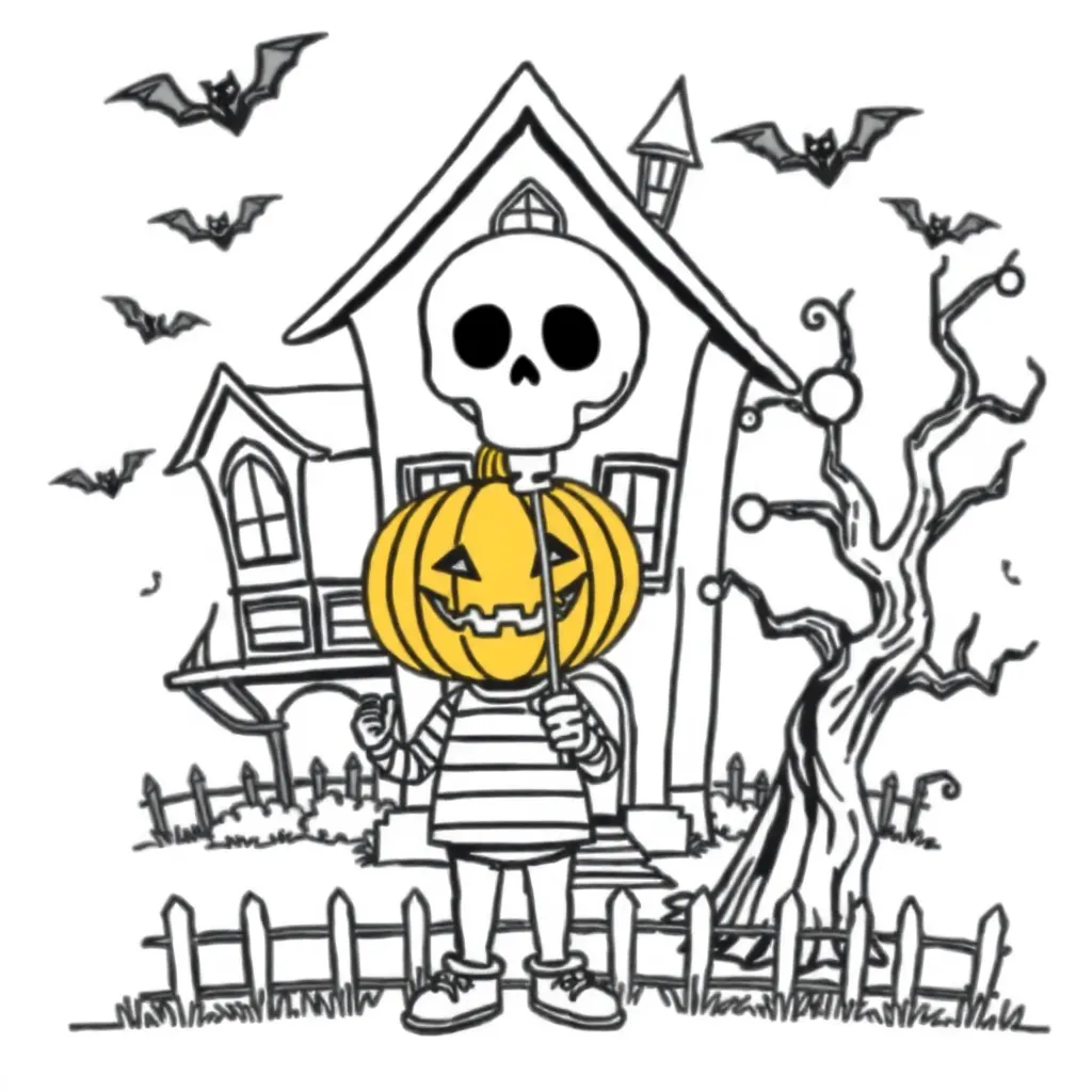 Halloween Pompoenhoofdfiguur Spookhuis Vleermuizen Cartoonesk coloring page for children
