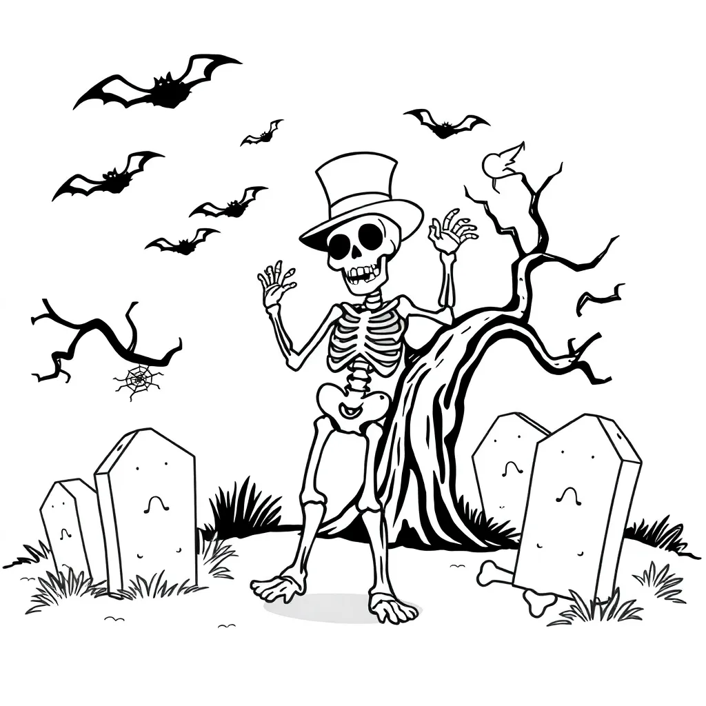 Halloween Skelet Kerkhof Griezelig Spinnenwebben coloring page for children