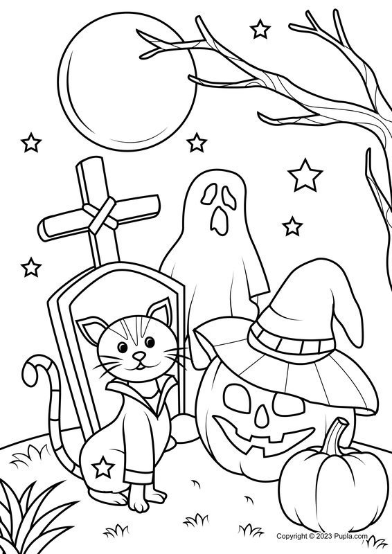 Halloween Spooky Scene coloring page for children