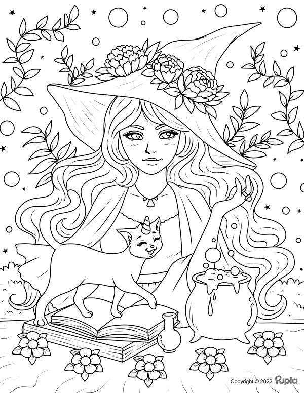 Halloween Witch Cat coloring page for children