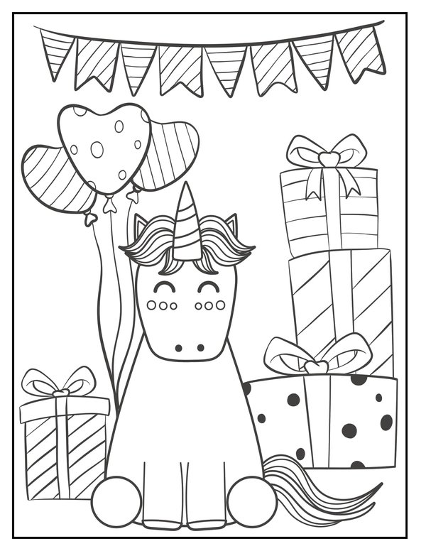 Happy Birthday Unicorn coloring page for children