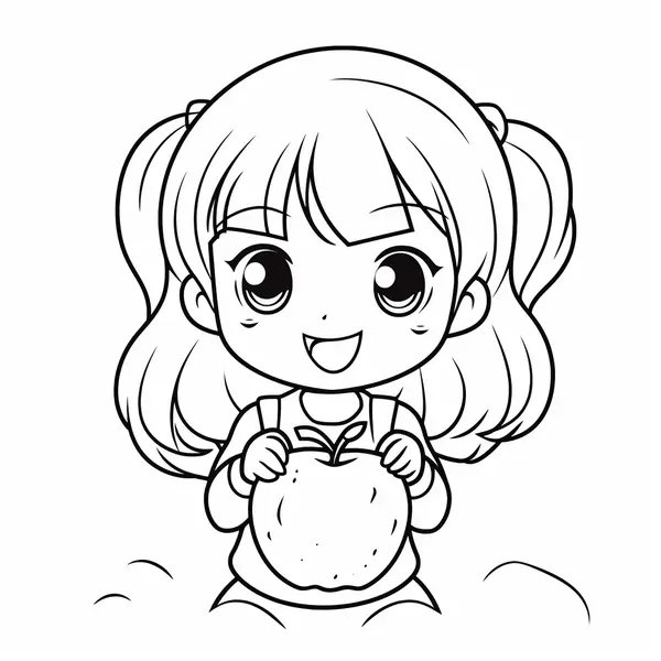 Happy Girl Holding an Apple coloring page for children