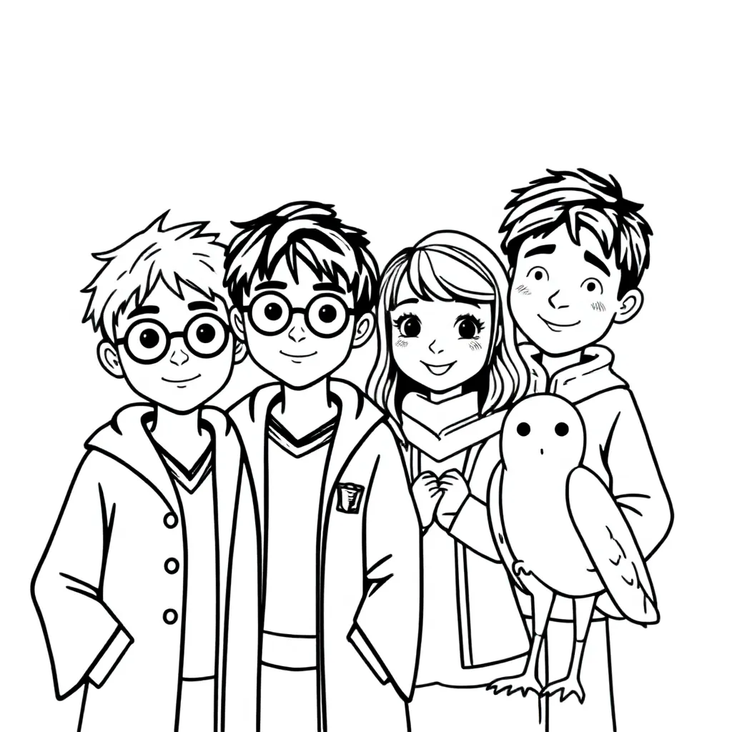 Harry Potterhedwig Ron Hermelien coloring page for children