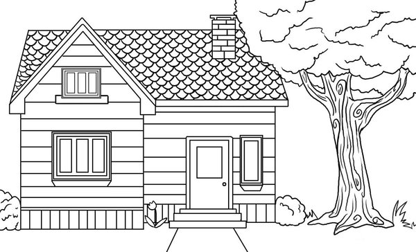 Haus mit Baum auf der rechten Seite coloring page for children