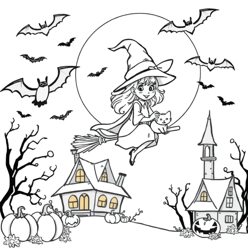Heks Kat Halloween Spookhuis Pompoenen coloring page for children
