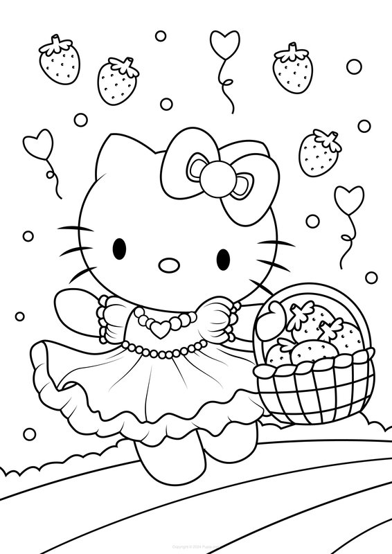 Hello Kitty Met Een Mandje Aardbeien coloring page for children