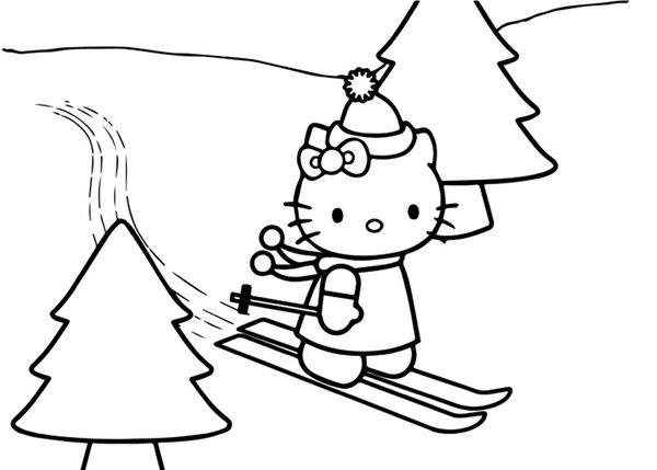 Hello Kitty Skifahren Winter coloring page for children