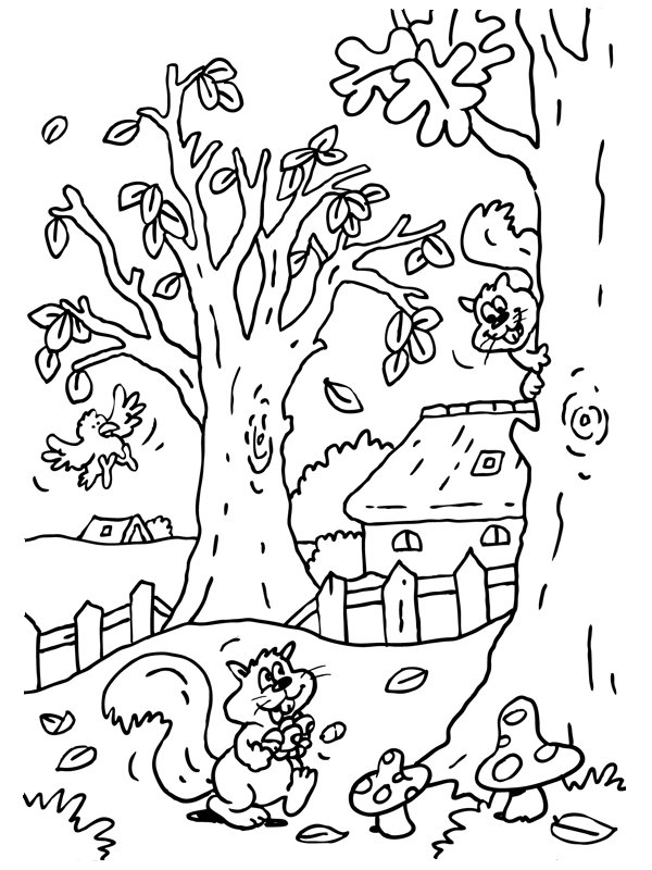Herbst Waldszene Eichhörnchen coloring page for children