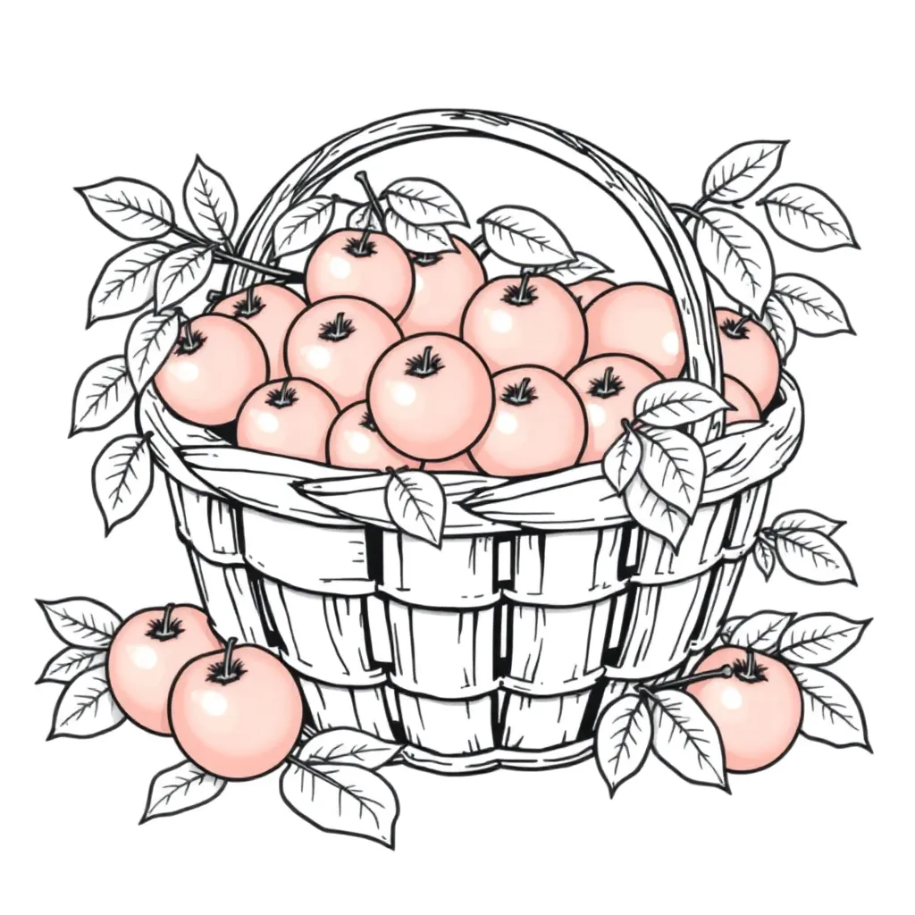 Herfst Appels Mand Bladeren Gedetailleerd coloring page for children