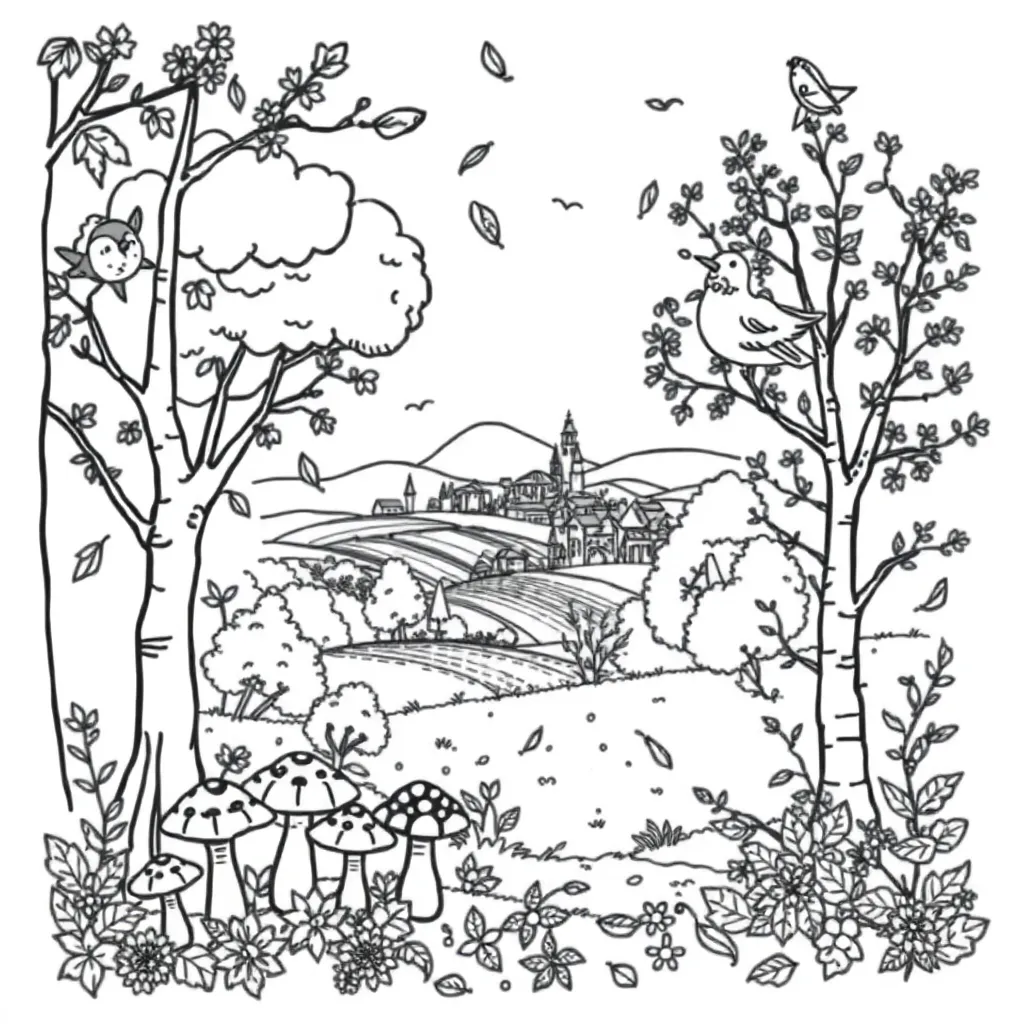 Herfst Bos Landschap Seizoen Natuur coloring page for children
