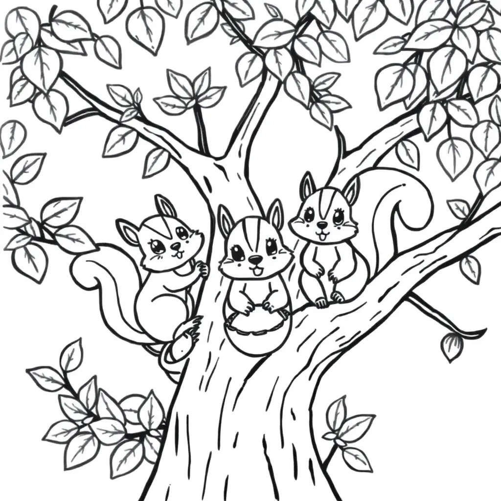 Herfst Eekhoorns Bomen Bladeren Notenmand coloring page for children