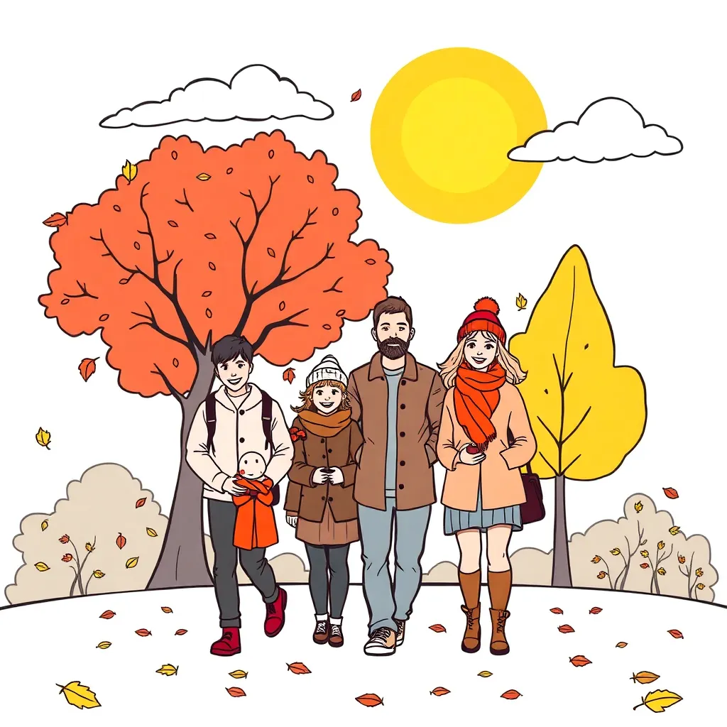 Herfst Familie Park Bomen Bladeren coloring page for children