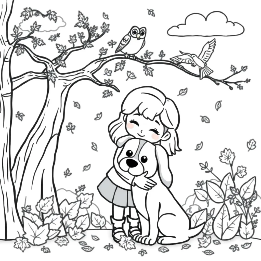 Herfst Meisje Hond Natuur Seizoen coloring page for children