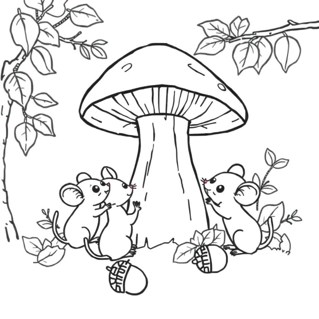 Herfst Muizen Paddenstoel Bos Natuur coloring page for children