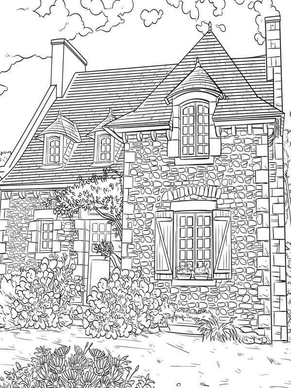 House Cottage Stone coloring page for children