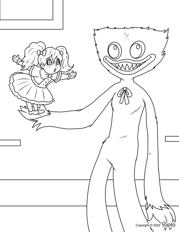 Huggy Wuggy hält Miss Poppy coloring page for children
