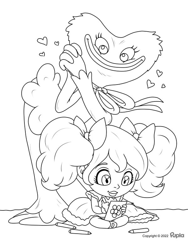 Huggy Wuggy Kissy Missy und Miss Poppy coloring page for children