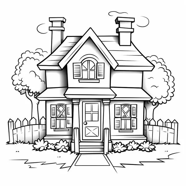 Huis met Bomen en Hek coloring page for children