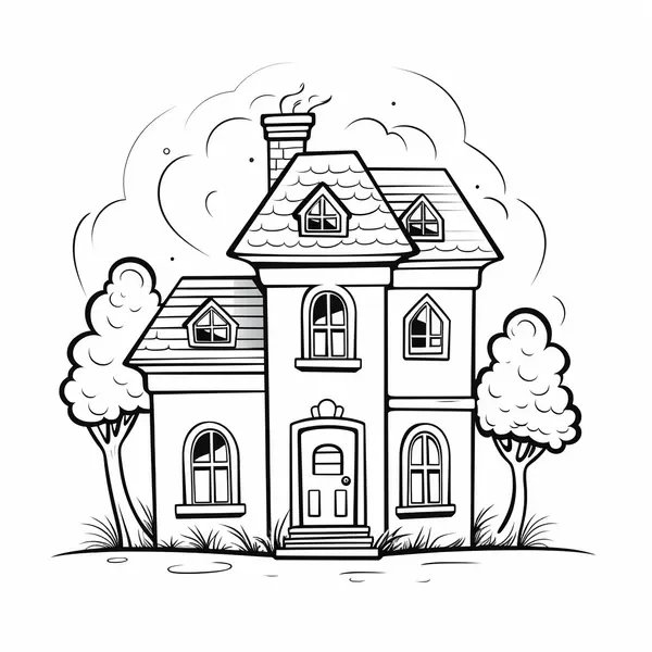 Huis met Bomen en Veel Ramen coloring page for children