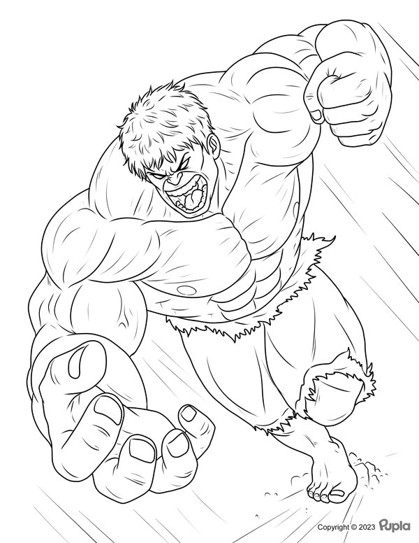 Hulk läuft und ist bereit zuzuschlagen coloring page for children
