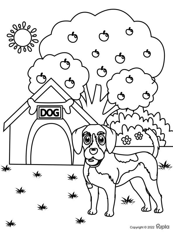 Hundehütte und Apfelbaum coloring page for children