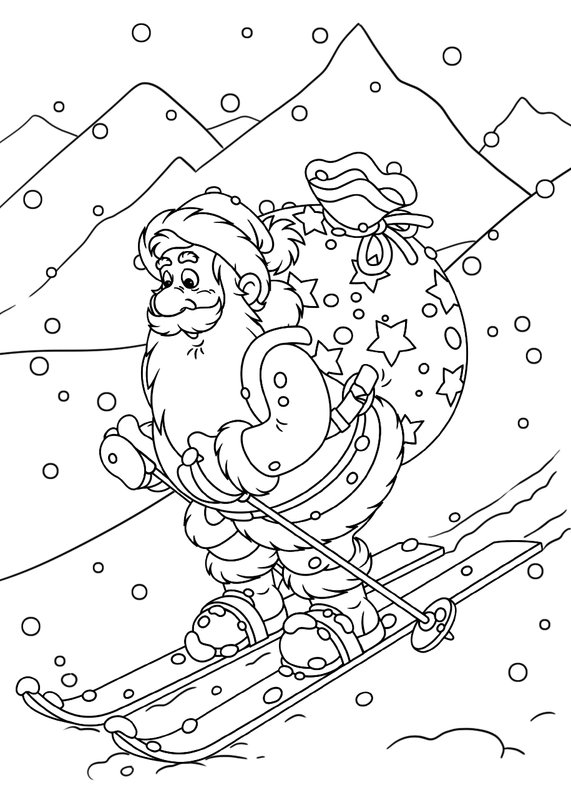 Invierno Navidad Papa Noel Esqui coloring page for children