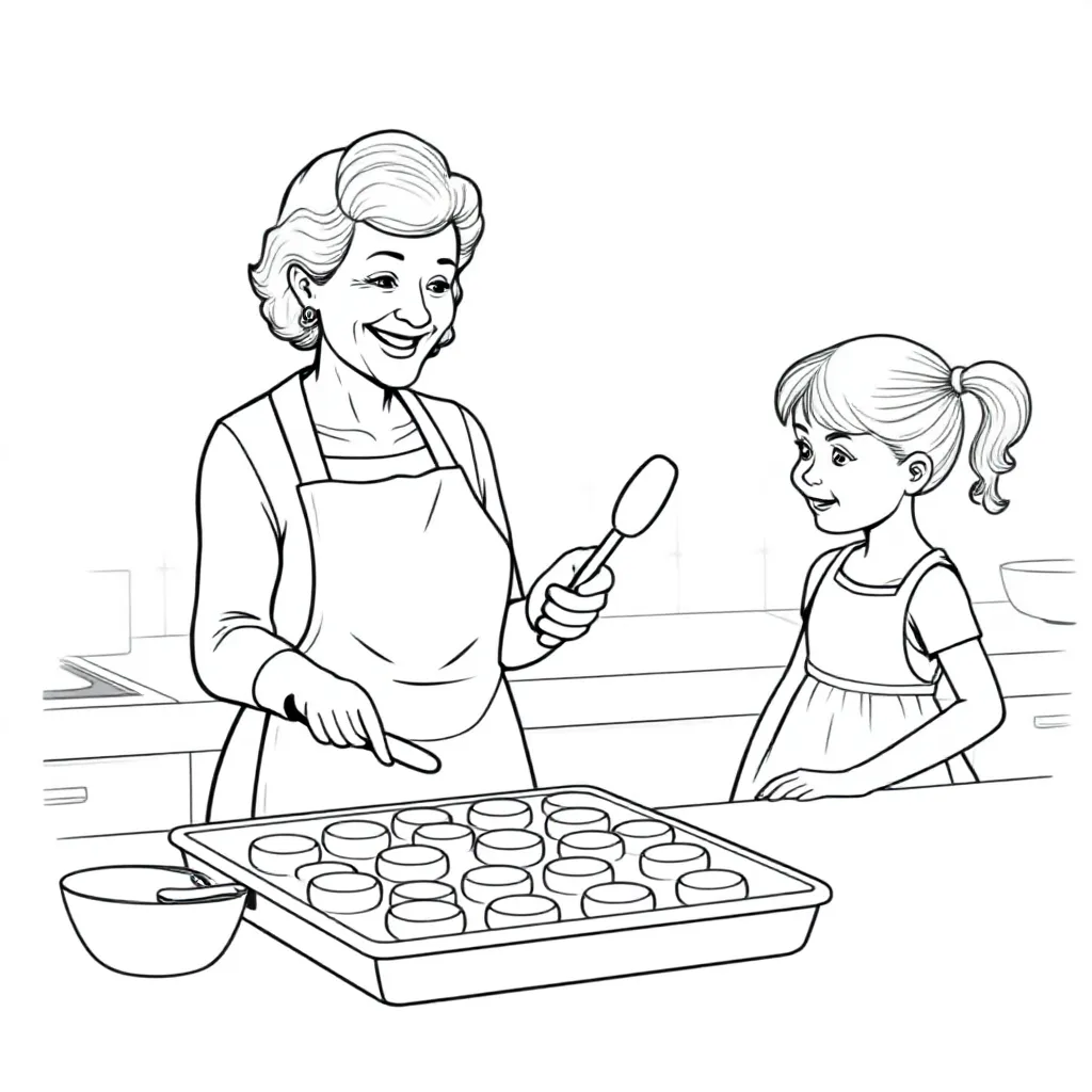 Jonge Oma Die Poffertjes Bakt Met Kleindochter coloring page for children