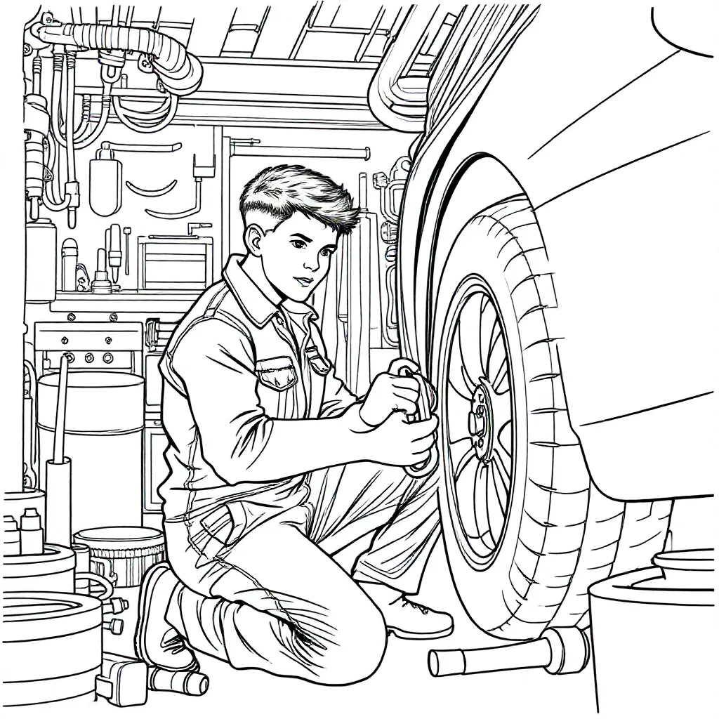 Jongeman Rond De 20 In Een Overal In Een Garage Bezig Aut... coloring page for children