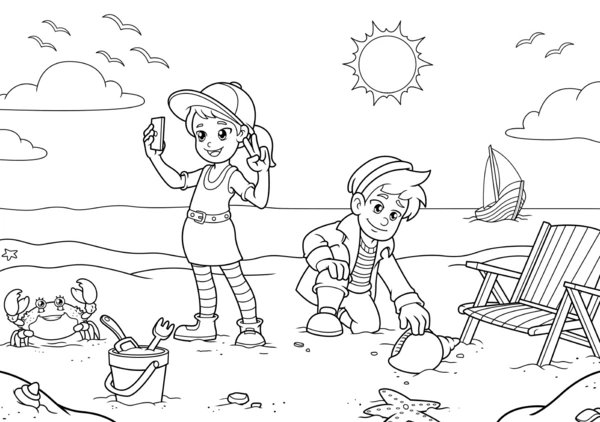 Jongen Meisje Strand coloring page for children