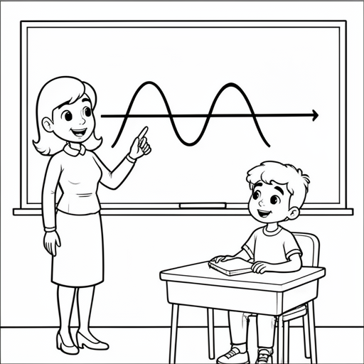 Juf wiskunde die uitleg geeft in klaslokaal over sinus kleurplaat voor kinderen