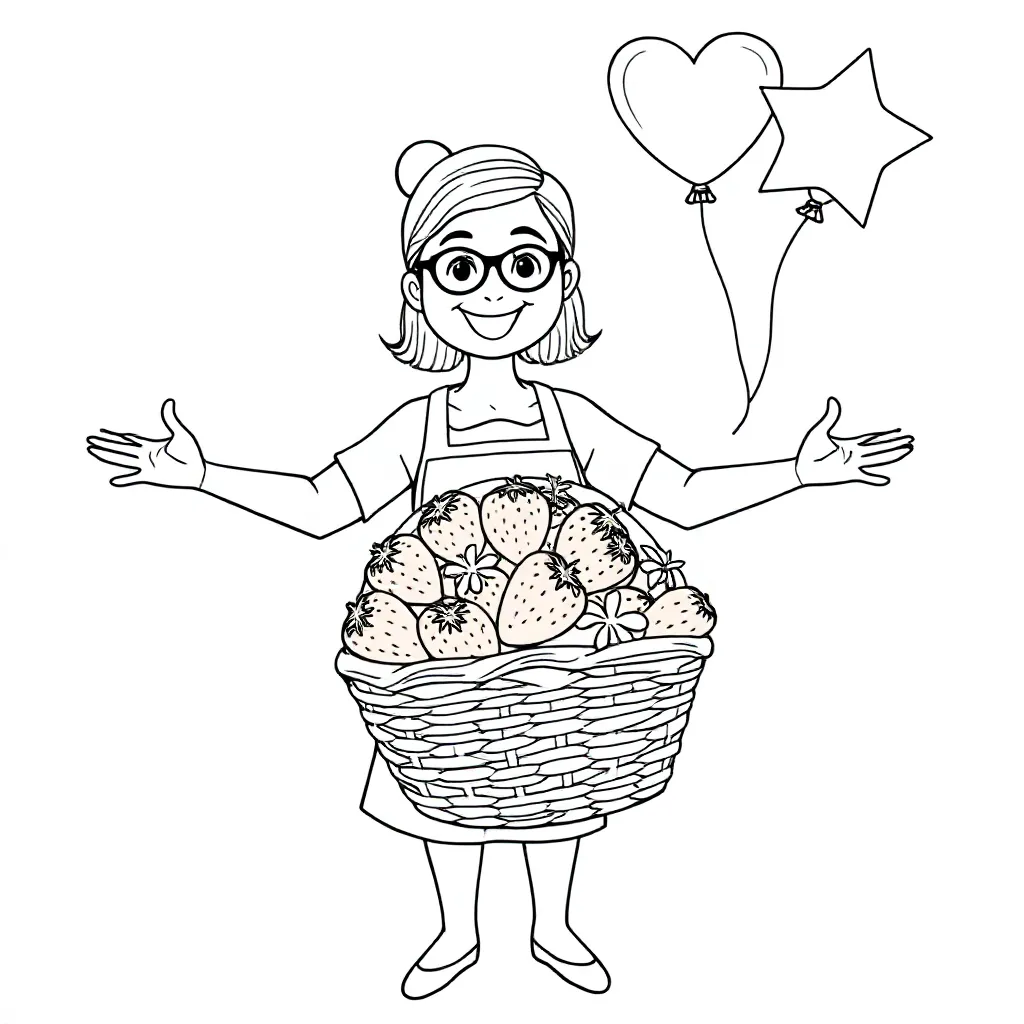 juf zonder bril met mand aardbeien en ballonnen en feestversiering zwart wit