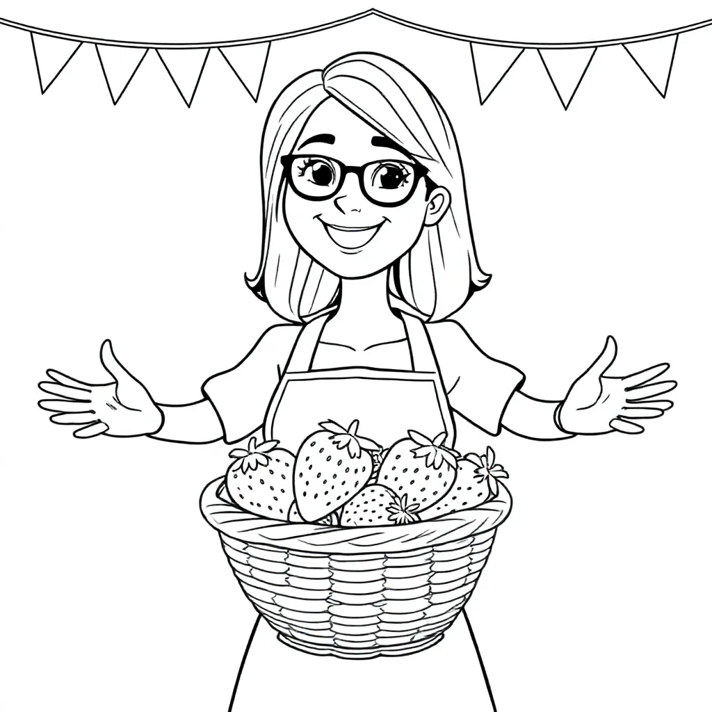 Kleurplaat juf zonder bril met mand aardbeien en feestversiering zwart-wit