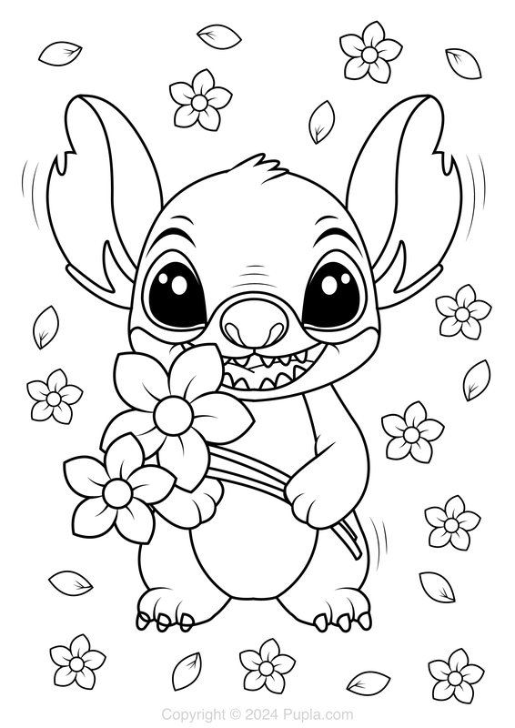 Junge Stitch hält Blumen coloring page for children