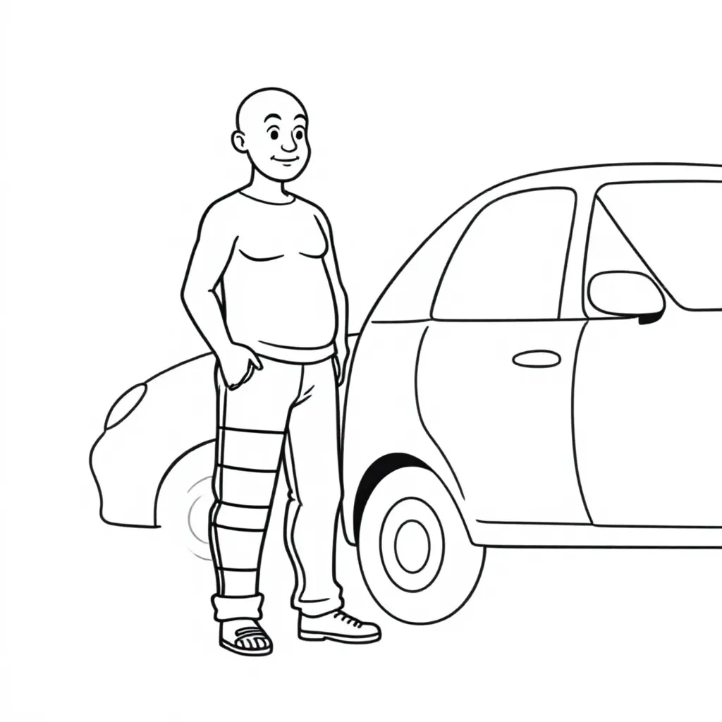 kale man met gebroken voet naast een auto coloring page for children