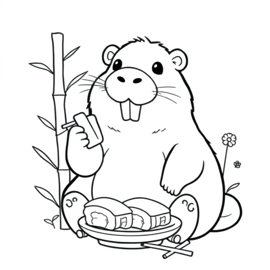 kapibara eet sushi coloring page for children