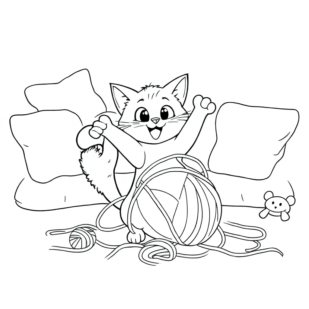 Kat Die Speelt Met Een Bol Garen coloring page for children