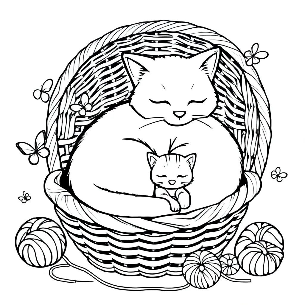 Kat en kitten in mand coloring page for children