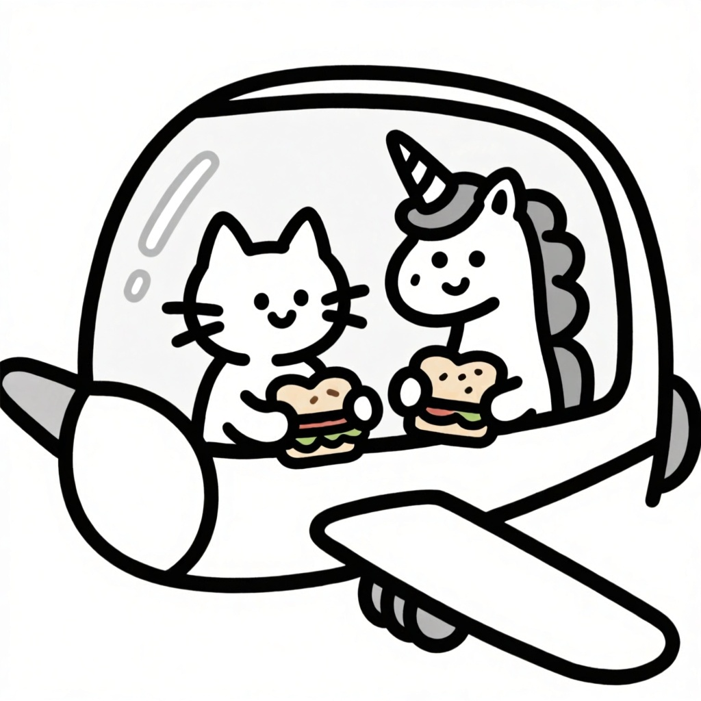 Kat en unicorn in vliegtuig met broodje eten coloring page for children