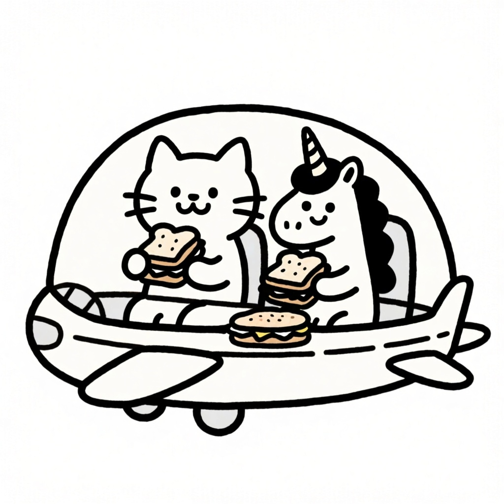 Kat en unicorn in vliegtuig met broodje eten coloring page for children