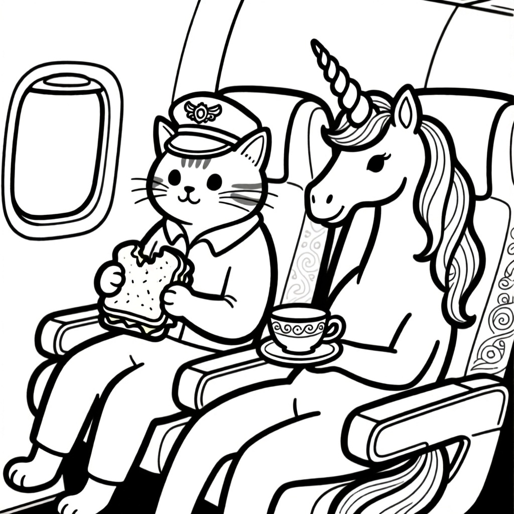 Kat en unicorn in vliegtuig met broodje eten coloring page for children
