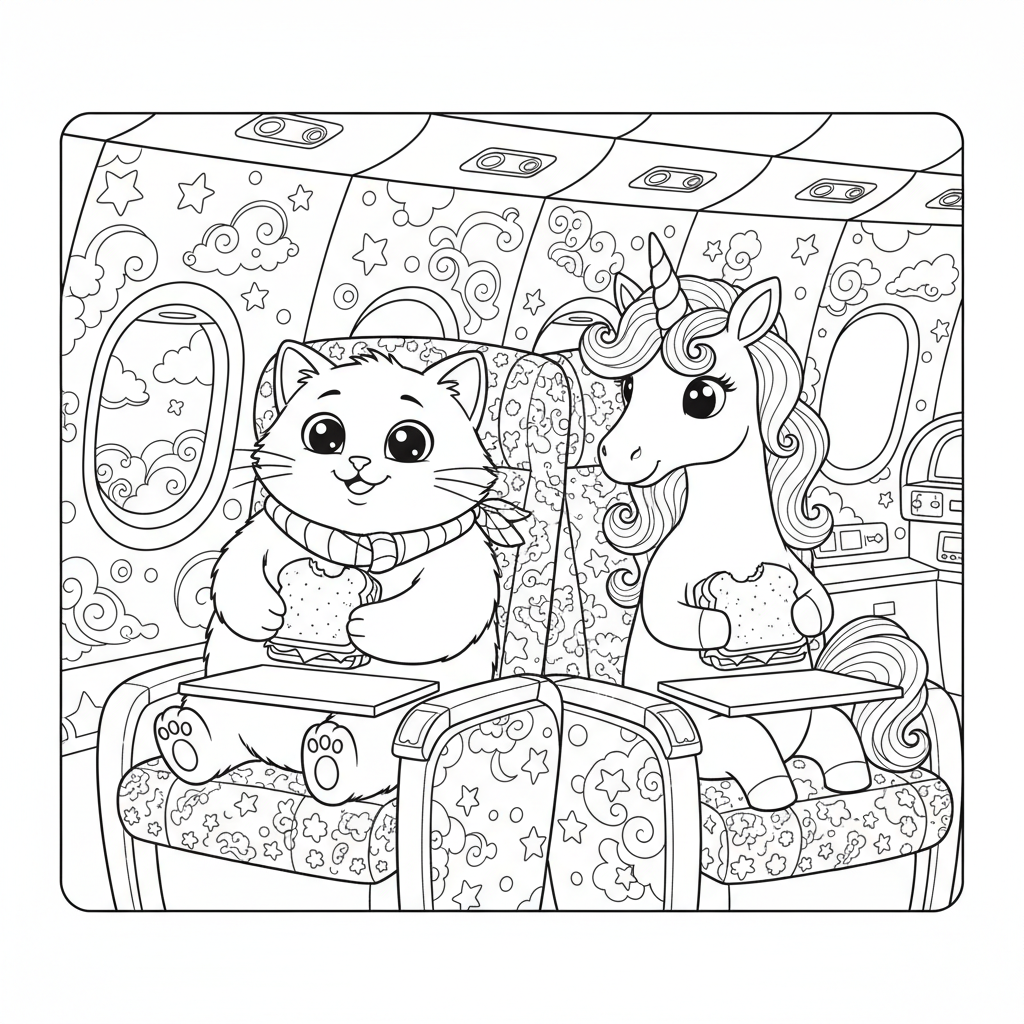 Kat en unicorn in vliegtuig met broodje eten coloring page for children