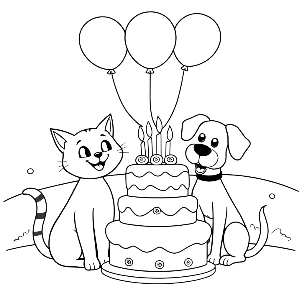 Kat Hond Taart Balonnen coloring page for children