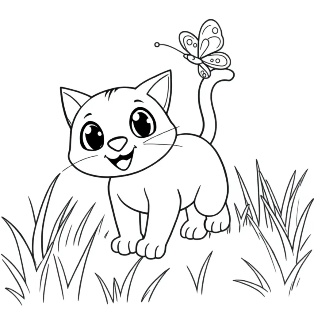 Kat In Het Grass Aan Het Spelen Met Vlinder coloring page for children
